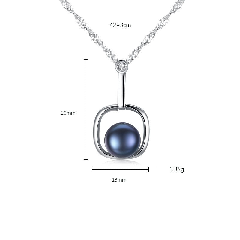 Round Natural Pearl In Square 925 Silver Necklace
