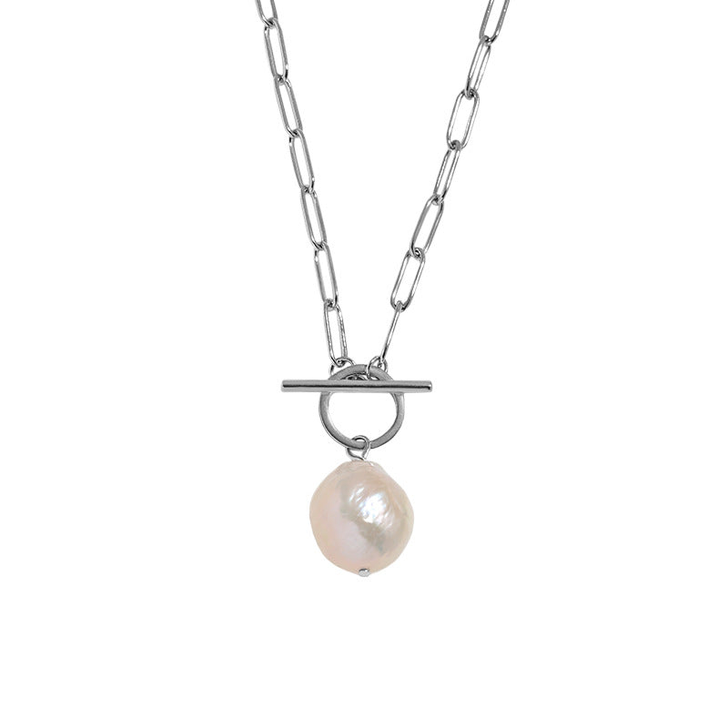 Office Irregular Natural Pearl Hollow Chain Sterling Silver Necklace