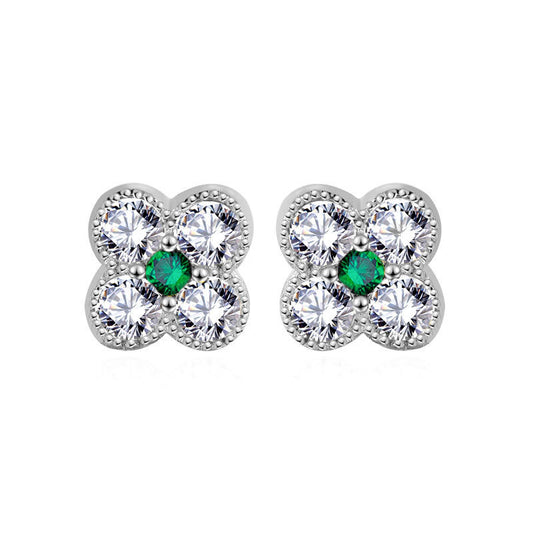 Cute Mini CZ Four Leaf Clover Lucky 925 Sterling Silver Stud Earrings