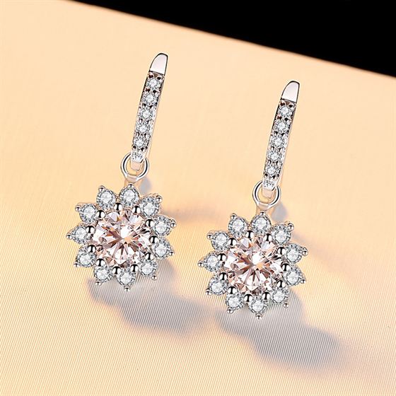 Beautiful CZ/Moissanite Flower 925 Sterling Silver Dangling Earrings