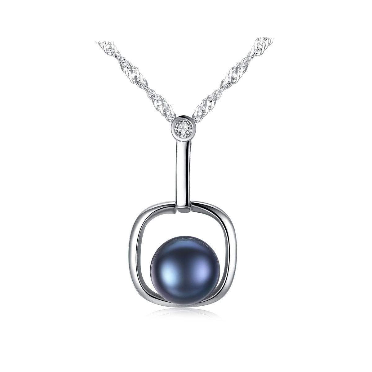 Round Natural Pearl In Square 925 Silver Necklace