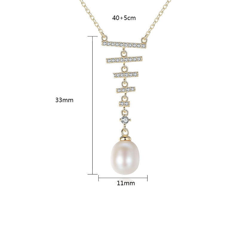 Grace CZ Ladder Natural Pearl 925 Sterling Silver Necklace