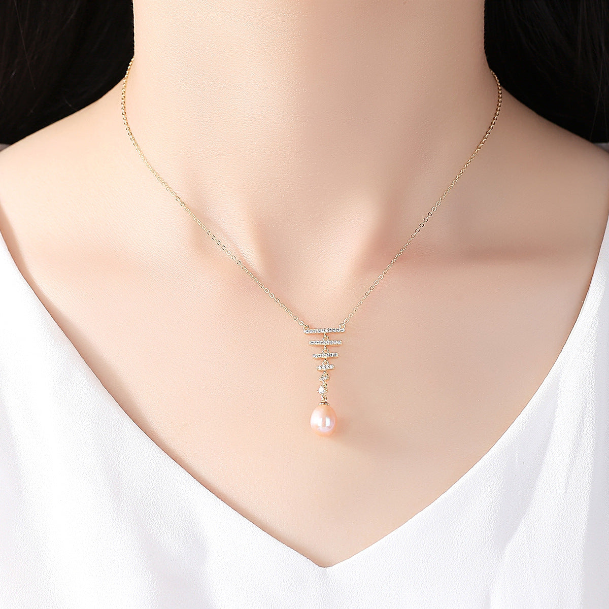 Grace CZ Ladder Natural Pearl 925 Sterling Silver Necklace
