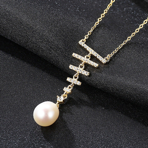 Grace CZ Ladder Natural Pearl 925 Sterling Silver Necklace