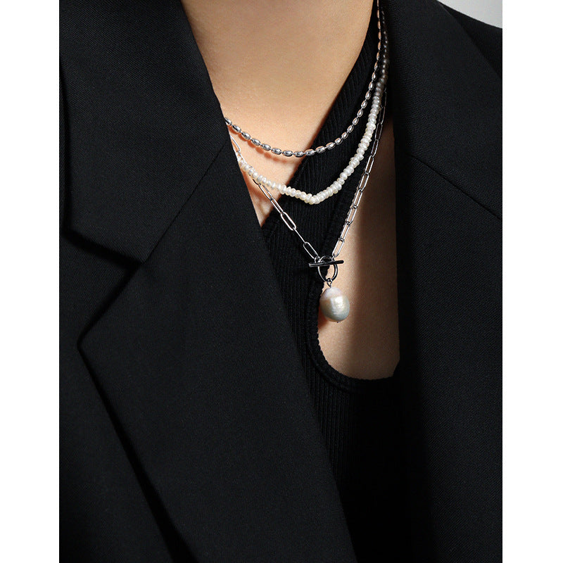 Office Irregular Natural Pearl Hollow Chain Sterling Silver Necklace