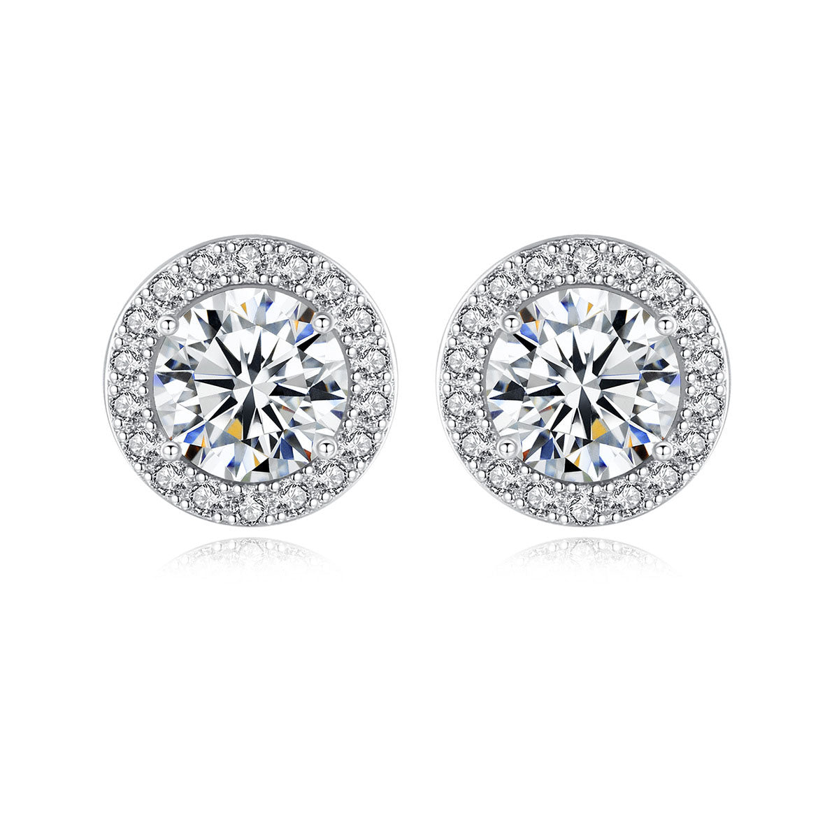Elegant round diamond earrings with a halo of smaller stones.