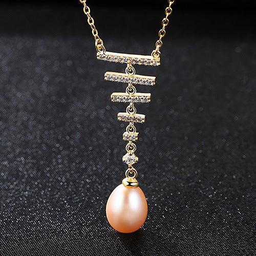 Grace CZ Ladder Natural Pearl 925 Sterling Silver Necklace