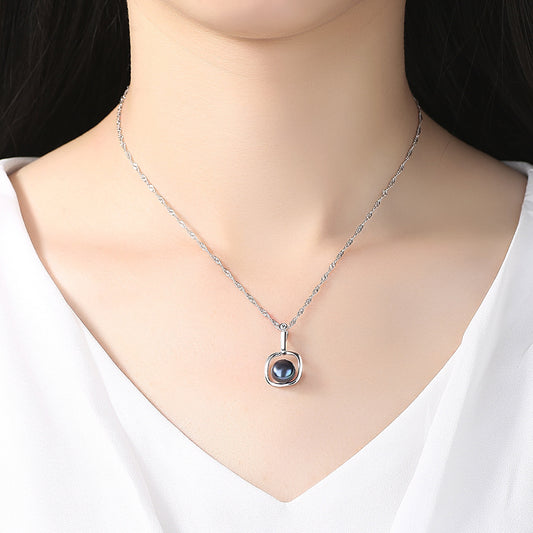 Round Natural Pearl In Square 925 Silver Necklace