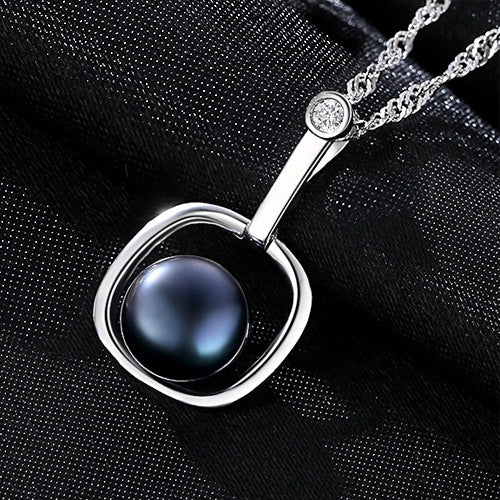 Round Natural Pearl In Square 925 Silver Necklace