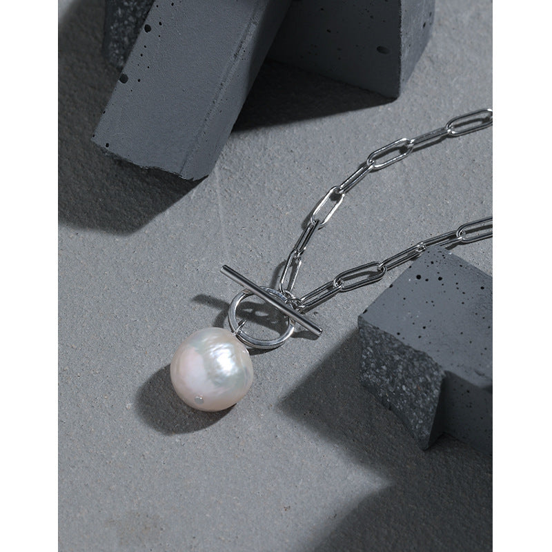 Office Irregular Natural Pearl Hollow Chain Sterling Silver Necklace