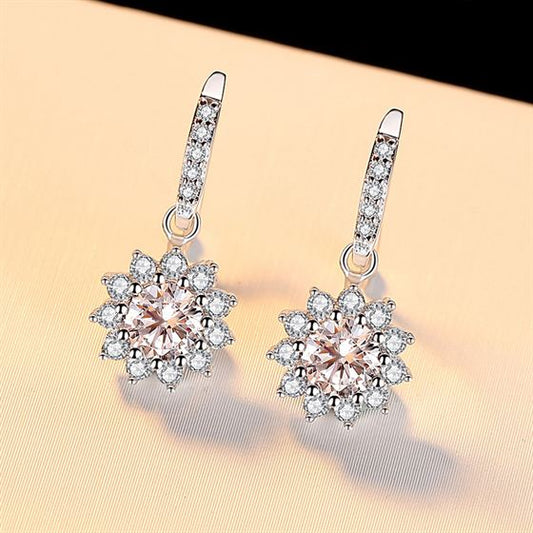 Beautiful CZ/Moissanite Flower 925 Sterling Silver Dangling Earrings