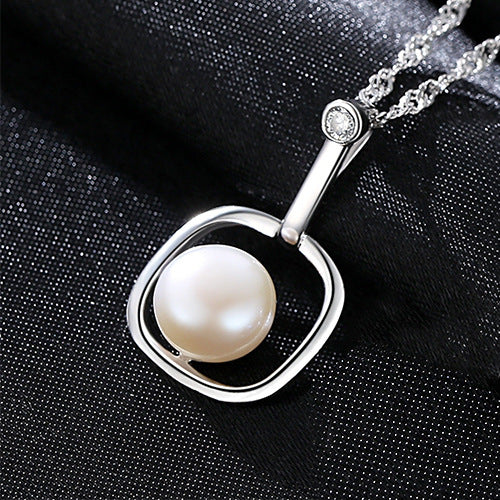 Round Natural Pearl In Square 925 Silver Necklace