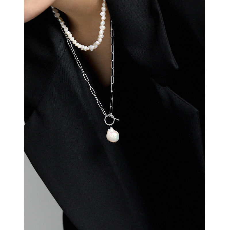 Office Irregular Natural Pearl Hollow Chain Sterling Silver Necklace