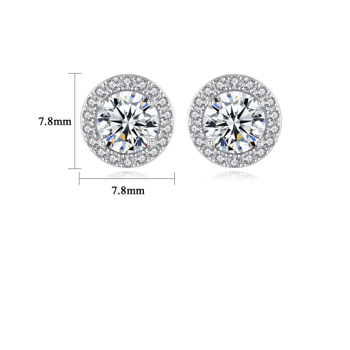 A pair of round diamond-like earrings with a sparkling halo design, measuring 7.8mm each.